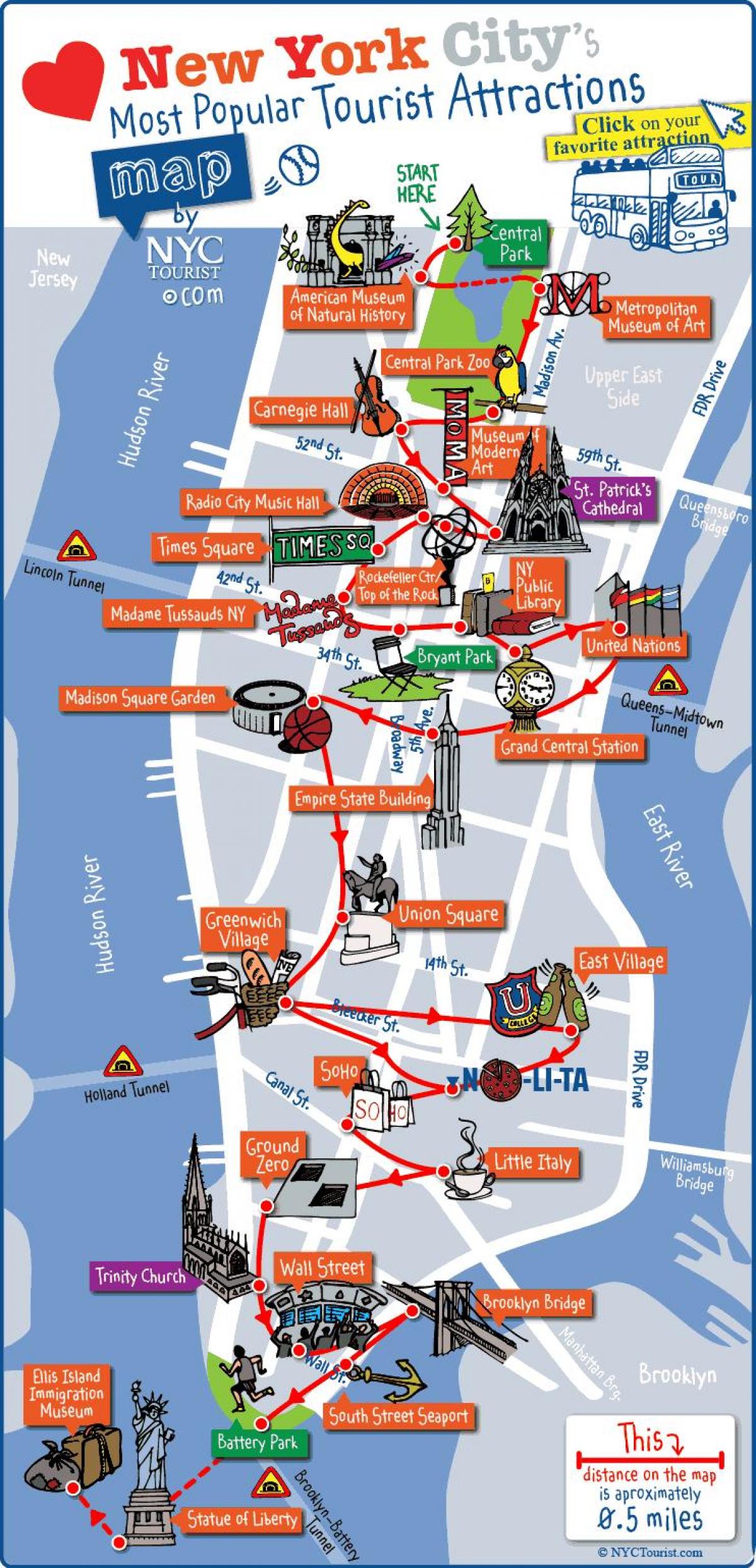 kaart van Manhattan, New York toerisme-aantreklikhede