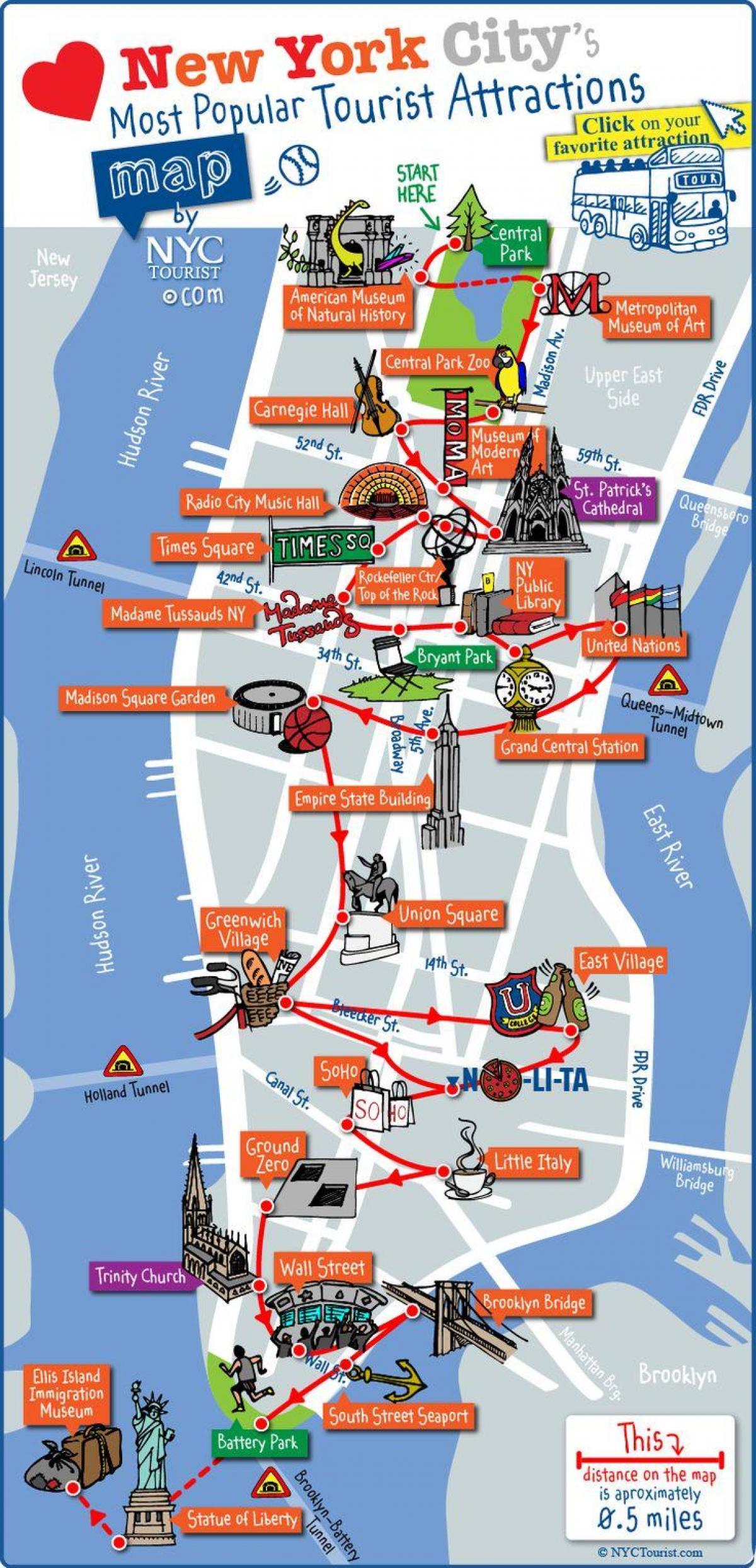 midtown Manhattan-aantreklikhede kaart