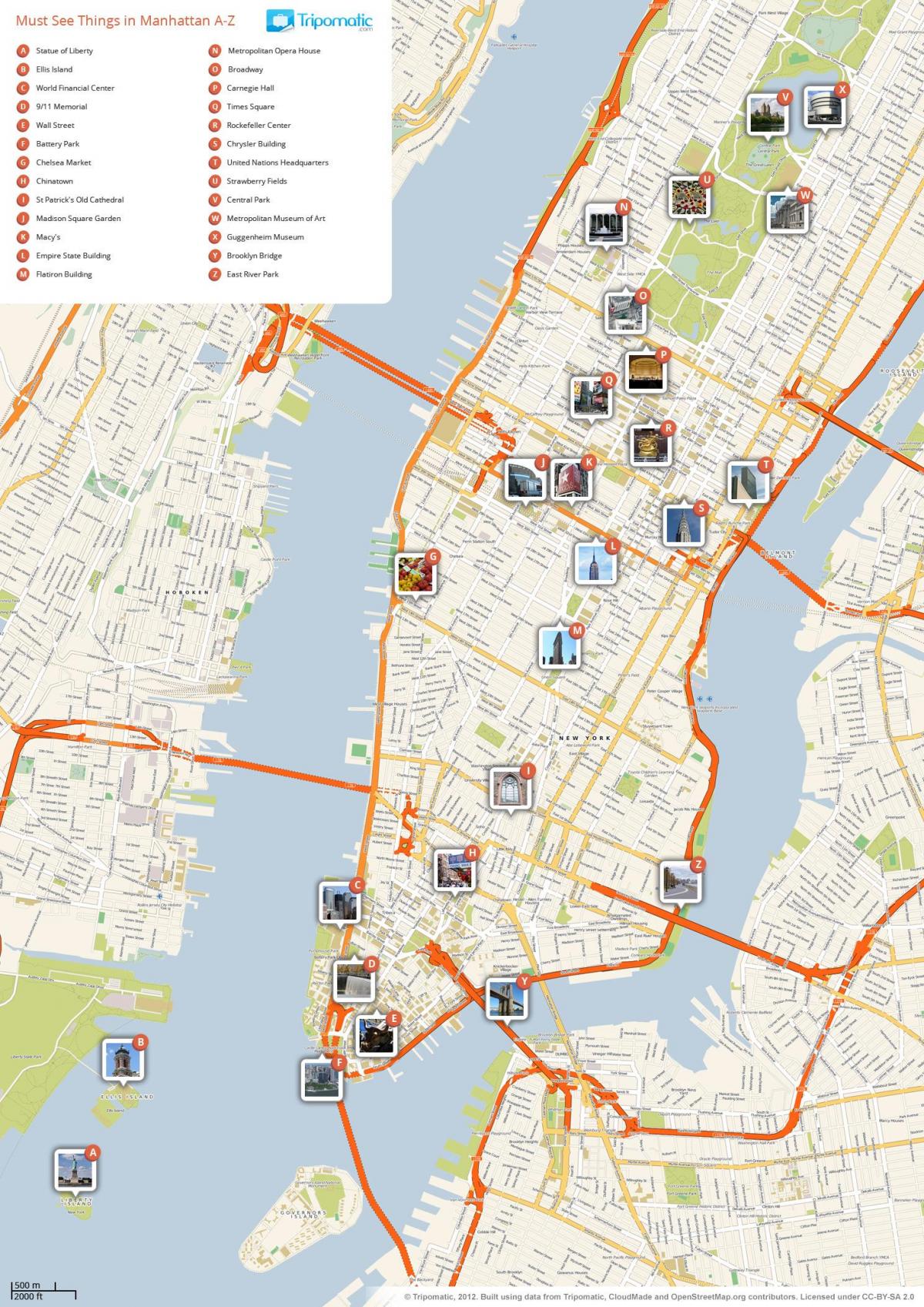 kaart van Manhattan wat toerisme-aantreklikhede
